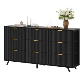 9 Drawer Fluted Wide Dresser, Bedroom Storage Chest For Closet And Living Room (Option: Black)
