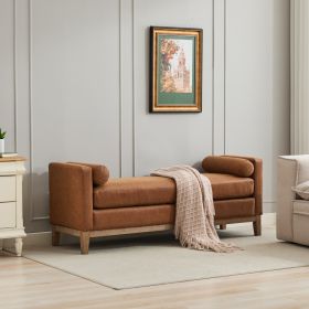 66.34 W Upholstered End Of Bed Bench With Weathered Finish Wood Frame, Daybed, Footrest Stool Ottoman With Arms & Wood Legs & 2 Bolsters For Bedr (Option: Brown)