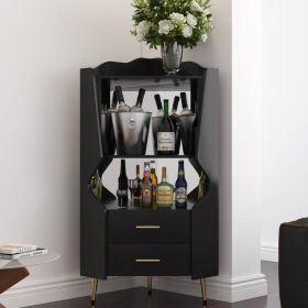 Wooden Corner Bar Cabinet With 2 Open Storage Shelves And 2 Drawers, Mirrored Back Sideboard Cabinet, High Feet Legs For Easy Cleaning, Buffet Ca (Option: Black)