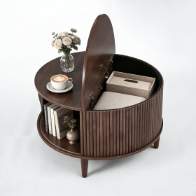 A Round Coffee Table With Storage, Featuring Sliding Cabinet Doors And A Two-layer Plain Wooden Tabletop (Option: Brown)