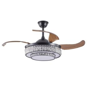 48  Contemporary Crystal LED Retractable Ceiling Fan With Light And Remote Control, 6-Speed Quiet Reversible DC Motor,4 Blades Modern Ceiling Fan (Option: Default)