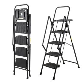 4 Step Ladder, Folding Step Stool With Non-Slip Wide Pedals, Soft Handle, Non-Slip Feet, Sturdy Steel Construction, 330 Lb Capacity Steel Ladder, (Option: Black)