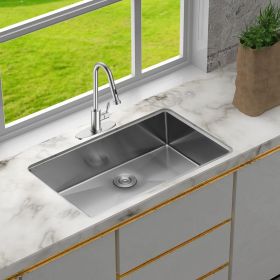 Stainless Steel Single Bowl Kitchen Sink - 9-Inch Deep Basin with Drain Assembly (size: 32"Brushed Nickel + Stainless Steel)