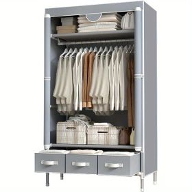 Portable Clothes Closet Rolling Door Wardrobe with Hanging Rack Non-Woven Fabric Storage Organizer with Three Drawer Boxes No-Tool Assembly - 67in*35. (Color: Grey-67in*35.4in*17.7in)