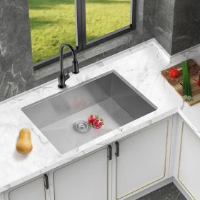 Stainless Steel Single Bowl Kitchen Sink - 9-Inch Deep Basin with Drain Assembly (size: 28"Brushed Nickel + Stainless Steel)