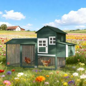 Chicken Coop Hen House Outdoor With Run Nesting Box, Asphalt Roof, Removable Tray Wooden (Option: Green)
