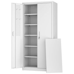 Lockable Metal Storage Cabinet With 5 Adjustable Shelves And Pegboard, 71inch H White Garage Storage Cabinet With Doors, Metal File Cabinet For G (Option: White)