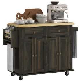 Kitchen Island Cart with Rubber Wood Top, Rolling Kitchen Island Table on Wheels with Drawers, Adjustable Shelves, Spice Rack and Towel Rack for Dini (Option: Brown Oak-1040x555x210 mm)
