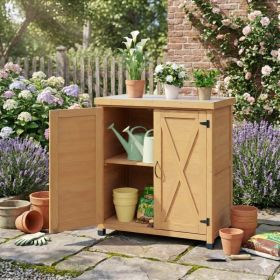 Potting Bench With Storage Cabinet And Metal Table Top For Outdoor Patio,Outdoor Work Station Table (Option: Light Brown)