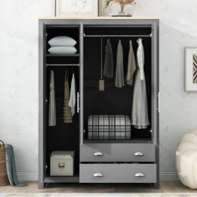 Three Door Storage Wardrobe With Cabinets And Two Hanging Rods,Gray (Option: Gray)