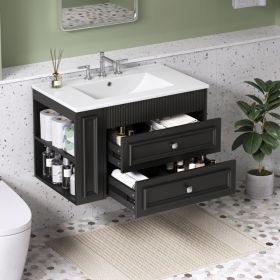 30'' Wall Mounted Bathroom Vanity, Floating Bathroom Storage Cabinet With 2 Drawers, 3 Holes Single Ceramic Sink, Modern Cabinet.Black (Option: Black)