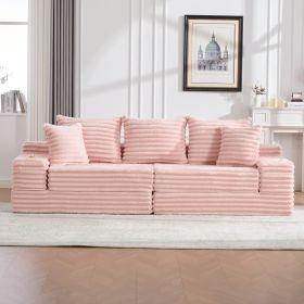 Oversized Boneless Four Seats Sofa With Cup Holder And Side Pockets, Upholstered Corduroy Sofa Bed Cloud Couch With 3 Pillows, 2 Lumbar Pillows.L (Option: Pink)