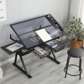 Adjustable Tempered Glass Drafting Printing Table With Chair (Option: Black)