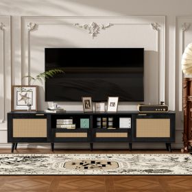 Rattan TV Stand For TVs Up To 85'', Modern Farmhouse Media Console, Entertainment Center With Solid Wood Legs, TV Cabinet For Living Room,Home Th (Option: Black)