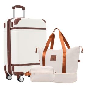 Hardshell Luggage Sets With Bags Lightweight Suitcase Double Spinner Wheels With TSA Lock ,Single Vintage Luggage 24 IN,White (Option: White)