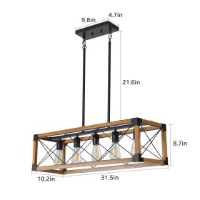 Same As W1340111207-L1011  32in  Walnut Industrial Farmhouse Rectangle Pendant Light, 5-Light Chandelier For Dining Room, Kitchen Island, Cafe De (Option: Default)