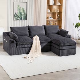 L Shaped Compressed Modular Sectional Sofa Modern Corduroy Upholstered Boneless Couches With Movable Footstool,With Three Pillows And Two Lumbar (Option: Gray)