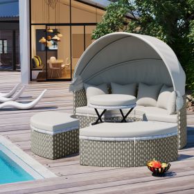 TOPMAX Patio Furniture Round Outdoor Sectional Sofa Set Rattan Daybed Two-Tone Weave Sunbed With Retractable Canopy, Separate Seating And Removab (Option: Gray)