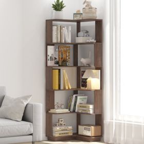 6 Tier Freestanding L-Shaped Corner Bookshelf For Living Room, Bedroom, Wooden Bookcase With Anti-drop Panle & Anti Tipping Device, Display Shelf (Option: Dark Brown)