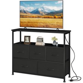 TV Cabinet, Dressing Table With 5 Fabric Storage Drawers, Media Cabinet With Open Shelves, Fabric Storage Cabinet With Charging Station (Option: Black)