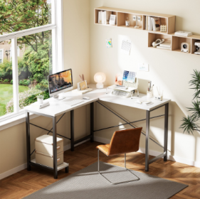 L-shaped Computer Desk With Power Socket And LED Light, Corner Game Table With Storage Rack And Monitor Stand (Option: White)