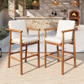 Outdoor Counter Height Bar Stools Chair Set Of 2, Modern Patio Acacia Wooden Stools With Backrest Arm And Webbing Seat, For Patio, Pool, Garden, (Option: BeigeNatural)