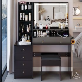 41 Large Size Left Bedside Cabinet Vanity Table Cushioned Stool Dresser Set, 2 AC 2 USB Power Station, Hair Dryer Stand, Extra Large Touch Contro (Option: Black)