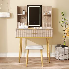 4-Drawer Vanity Desk With LED Mirror & Carved Details, Fluted Makeup Table With Metal Legs And PU Stool, Carved Dressing Table With Jewelry Stora (Option: Yellow Brown)