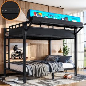 Full Over Full Size Metal Bunk Bed With Storage Shelves And Pegboard, Bunk Bed Frame With USB Ports And LED Lights, Space-Saving, For Teens And A (Option: Black)