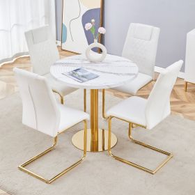 Table And Chair Set.31.5 Inch Elegant White Marble Pattern Round Dining Table - Suction Molding Annular Texture.Paired With 4 White High-quality (Option: White  Gold)