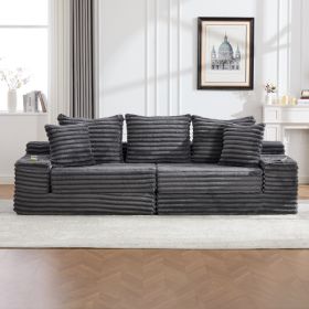 Oversized Boneless Four Seats Sofa With Cup Holder And Side Pockets, Upholstered Corduroy Sofa Bed Cloud Couch With 3 Pillows, 2 Lumbar Pillows.L (Option: Dark gray)