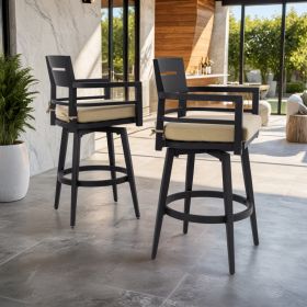 Modern Outdoor 2-Piece Swivel Bar Chairs  Aluminum Frame With Ember Black, 360 Swivel, Ergonomic Backrest  Armrests, Tapered Legs, Sunbrella Cush (Option: Ember BlackLinen Sesame)