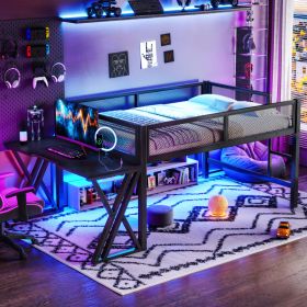 Full Size Gaming Loft Bed With Desk Of X-shaped Leg ,LED Lights, USB Ports, Staircase & Mesh Guardrail - Black Metal Frame, Space-Saving Elevated (Option: Black)