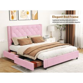 Full Size Bed Frame With Upholstered Button Tufted Headboard Wood Slat Support Metal Platform Bed Frame With 4 Drawers No Box Spring Needed Easy (Option: Default)