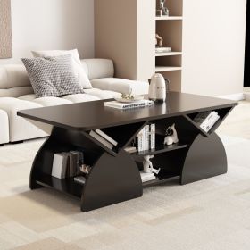 Engineered Wood Rounded Corner Rectangular Coffee Table For Living Room, Easy Assembly Storage Table With Open Shelves Sturdy Frame For Reception (Option: Black)