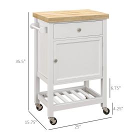 Kitchen Island on Wheels, Rolling Kitchen Cart with Rubberwood Top, Drawer, Wine Rack and Cabinet, White (Option: White Oak)
